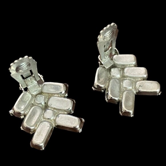 Vintage Black and Clear Rhinestone Silver Tone Clip Earrings - Picture 3 of 4